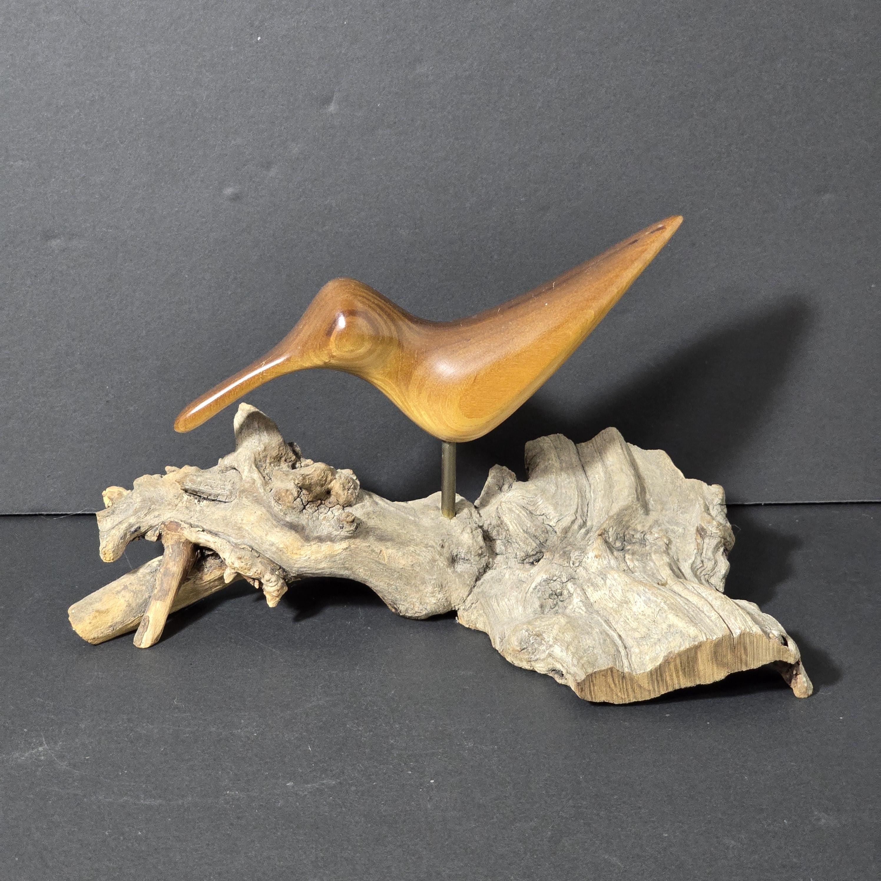 Wooden Carved Seagull on Driftwood MCM 9.5" x 5" inches