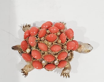 HAR Peach Coral and Rhinestone Turtle Pin Stamped Very Hard to Find - Missing Rhinestones