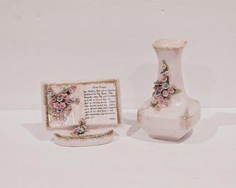 Vintage Lefton Vase & Lord's Prayer Wall Pocket: 1950s Floral Repoussé