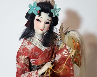 Vintage GEISHA DOLL Japanese Doll Orange Kimono Made in Japan | Geisha Doll | Japan Doll | Geisha Collection | Japanese Dolls | Cultural