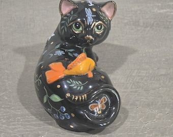 Lynn Chase Le Chat Cat w/ Goldfish Porcelain Weighted Hand Painted Signed HTF 1990