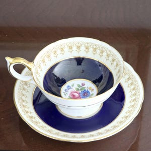Aynsley China Cup and Saucer Hatfield Cobalt Blue Porcelain