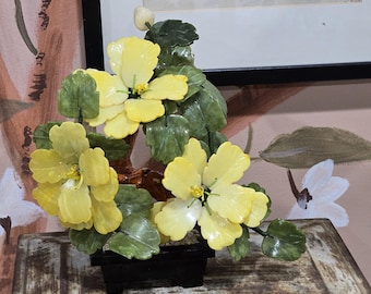 Vintage Oriental Jade Carnelian Stone Yellow Hibiscus Blossom Bonsai Tree