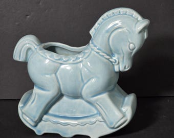 Vintage McMaster Pottery Blue Rocking Horse Planter: Nursery Decor