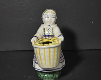 Vintage JUS Aluminia Denmark Girl Holding Basket Vase Figurine 5.2"T x 4.2" x 3.6"