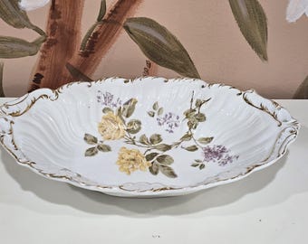 Vintage C. Tielsch Germany Scallops Serving Dish Hand Painted Porcelain Yellow Roses