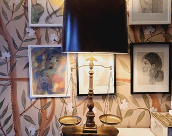 Vintage Balance Scale Table Lamp: Mid Century Wormwood & Brass, Made in Italy