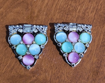 Vintage pastel multicolor glass moonstone and enamel rhinestone art deco dress clips