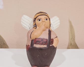 Vintage Native Cochiti Pueblo Folk Art Pottery Angel with wings 4”