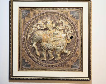 Antique Burmese Kalaga Tapestry: Silk Elephant Rider, Beaded Sequins (24"x24")