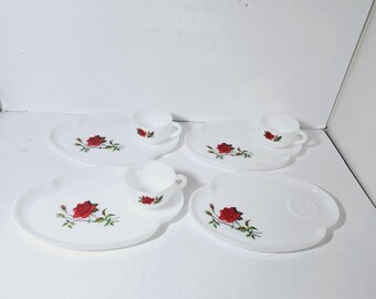 Vintage Federal Glass Snack Set, Red Rose Floral, MCM Hostess Set