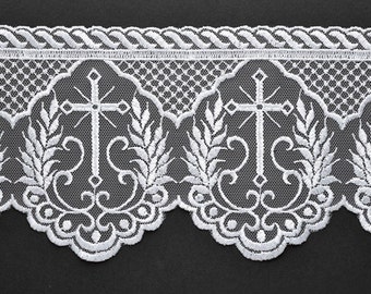Embroidered tulle Cross Church lace trim, 4-3/4 Inch by 1-Yard, White, TR-12224