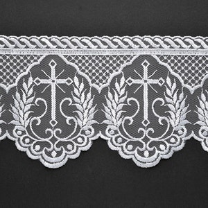 Embroidered tulle Cross Church lace trim, 4-3/4 Inch by 1-Yard, White, TR-12224 image 1