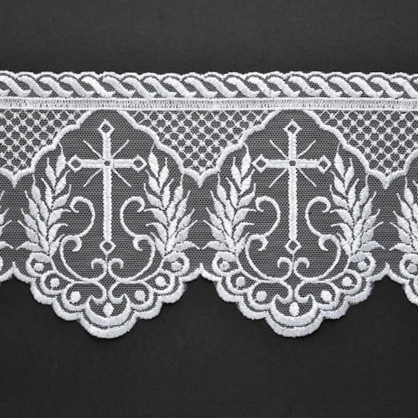 Embroidered tulle Cross Church lace trim, 4-3/4 Inch by 1-Yard, White, TR-12224