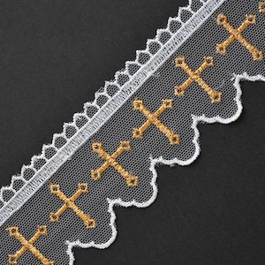 Embroidered tulle Cross Church lace trim, 2-1/8 Inch by 1-Yard, White/Gold, STEP-3523