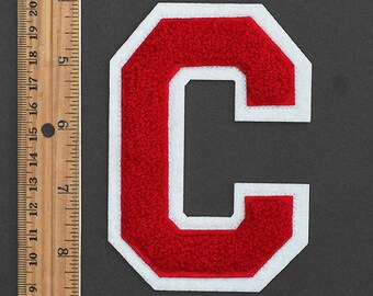 4-1/2" Chenille Stitch Varsity Letters, Iron-On Patch by pc, Red/White, TR-11648