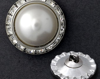 25mm Rhinestone Pearl Bridal Button with Shank by each, Crystal/Pearl/Silver,  T1336A