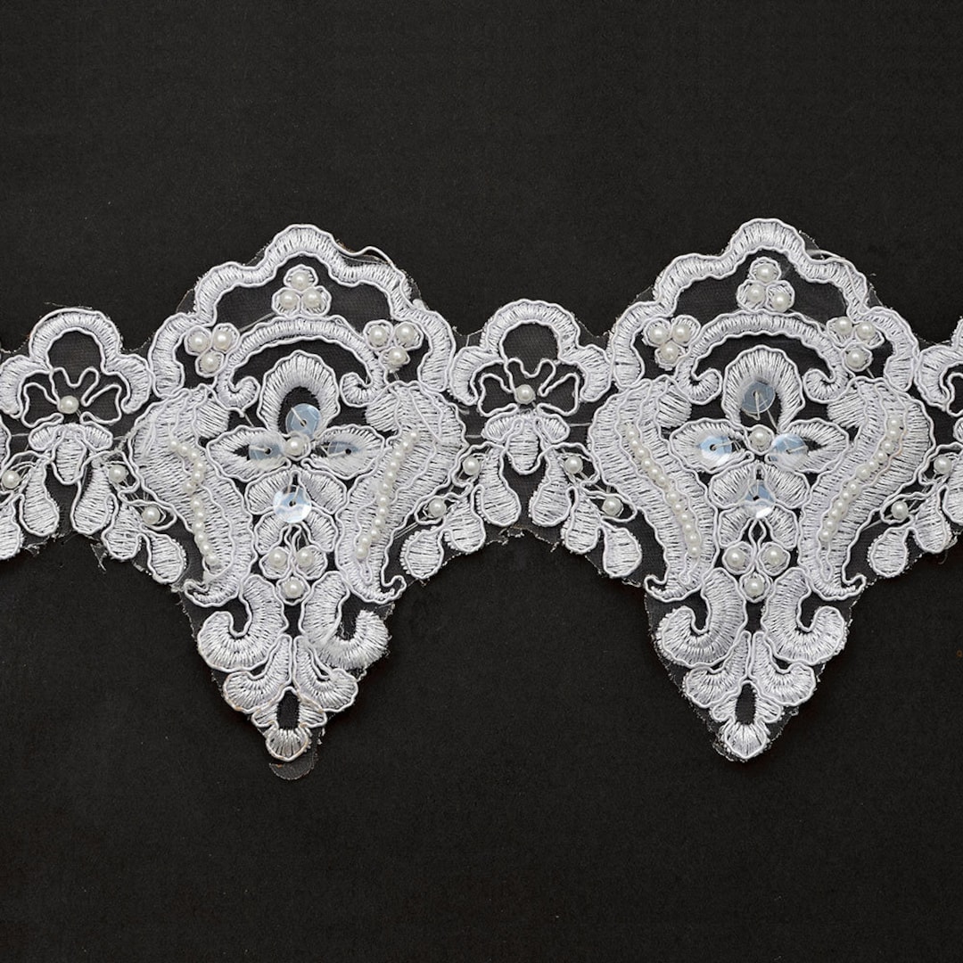 Pearl Beaded and Sequin Embroidery Ribbon Lace Trim, Bridal Lace, 43/4