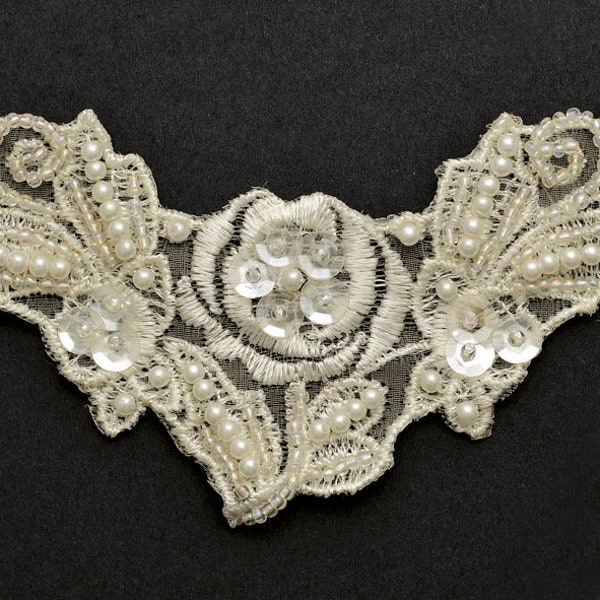 Pearl Beaded Sequin Lace Applique, Bridal Applique, Embroidery Lace Collar,  5-1/4" x 2-3/8" by 1 pc, Ivory, ROI-44596