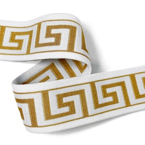 1-9/16 Greek Key Elastic Stretch Band Ribbon Trim for making headband, hand band and waist belt, 1 yard, TR-11375 White/Gold