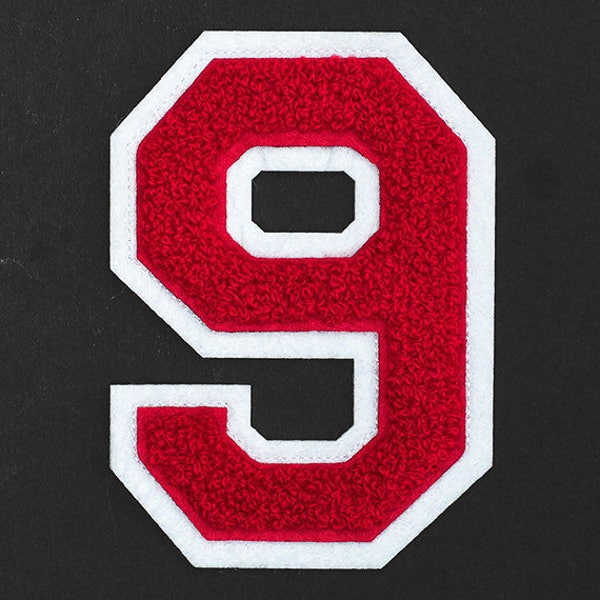 4-1/2" Chenille Embroidery Varsity Numbers, Iron-On Patch by pc, Red/White, TR-11649