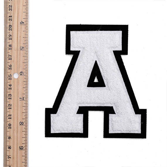 4-1/2 Chenille Stitch Varsity Letters, Iron-on Patch by Pc, White/black,  TR-11648 