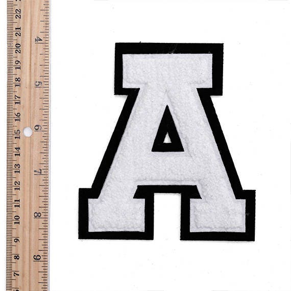 Chenille Stitch Varsity Iron-On Patch by PC, 4-1/2 inch, White/Black, Tr-11648 (Letter A)