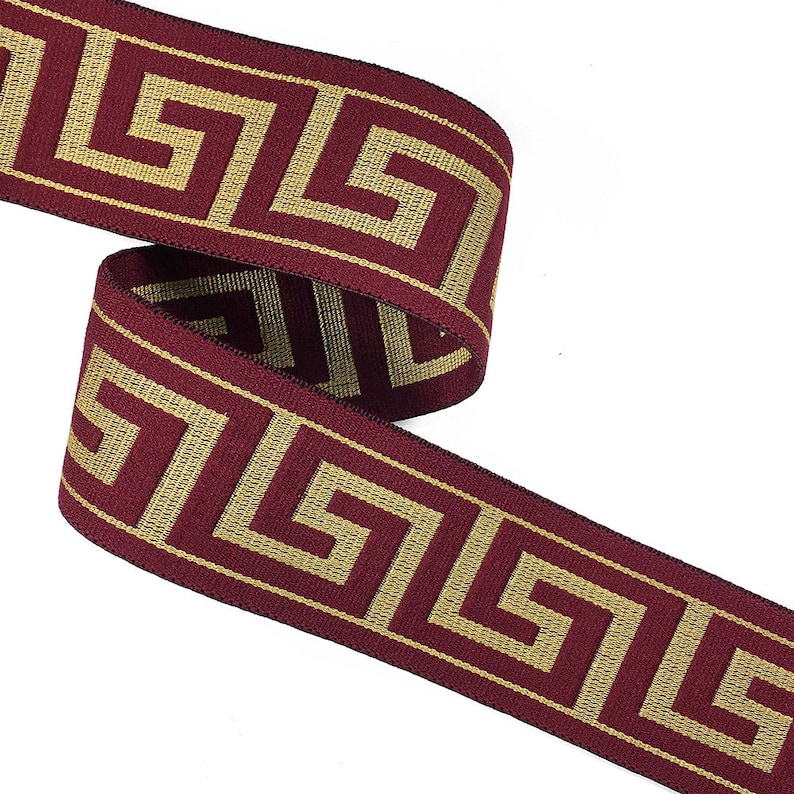 1-9/16 Greek Key Elastic Stretch Band Ribbon Trim for making headband, hand band and waist belt, 1 yard, TR-11375 Burgundy/Gold