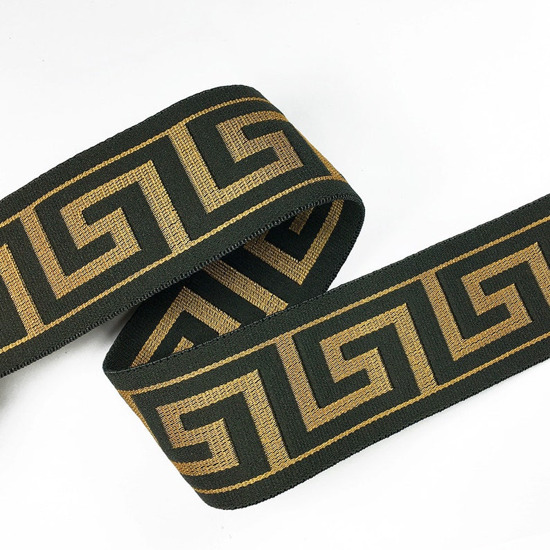 1-9/16 Greek Key Elastic Stretch Band Ribbon Trim for making headband, hand band and waist belt, 1 yard, TR-11375 Dark Olive/Gold