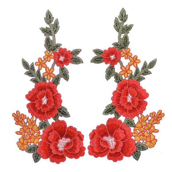 Mirror Pair Embroidered Floral Iron-On Applique Patch, Embroidery Patch by Set, 10-3/4" long, TR-11531