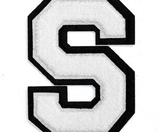 6-1/2" Chenille Stitch Varsity Letters, Iron-On Patch by pc, White/Black, TR-11648
