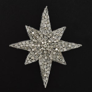 Star Rhinestone Beaded Applique, Beaded Patch by 1pc, Silver, Gold, 4" x 4-3/4'', TR-12145