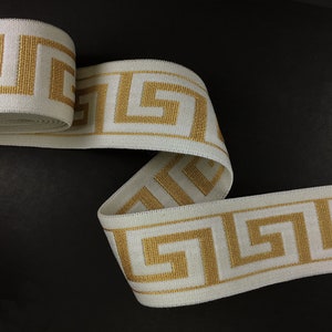 1-9/16 Greek Key Elastic Stretch Band Ribbon Trim for making headband, hand band and waist belt, 1 yard, TR-11375 Antique White/Gold