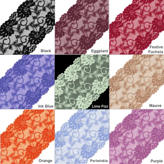 9 Wide French Raschel Stretch Lace, Black and Periwinkle