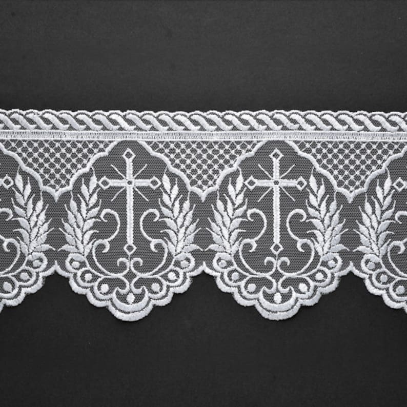 Embroidered tulle Cross Church lace trim, 4-3/4 Inch by 1-Yard, White, TR-12224 image 1