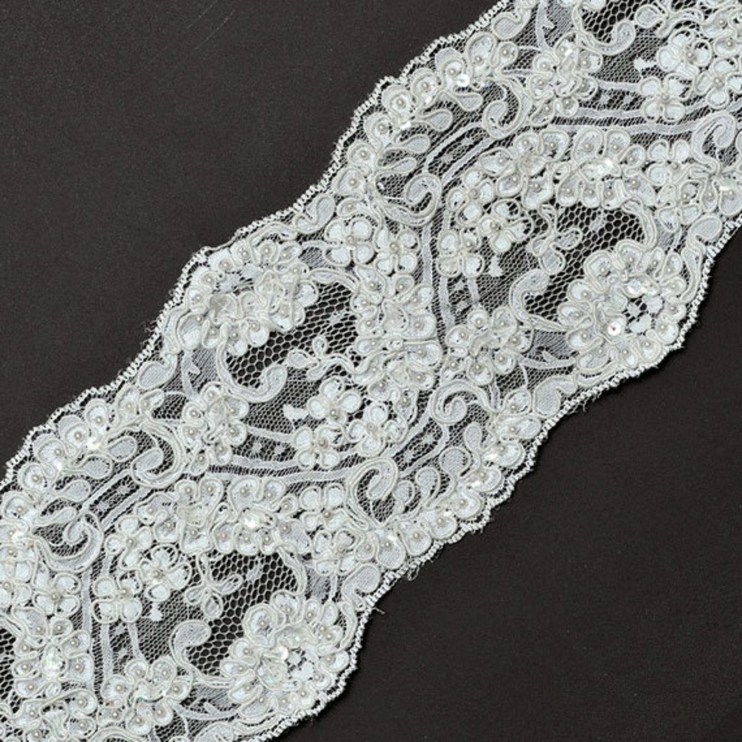 Beaded Sequin Embroidery Ribbon Lace Trim, Bridal Lace, 41/2 Inch by 1