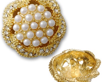 26mm (1") Pearl and Crystal Rhinestone Bridal Button with Shank by 2-pcs, Crystal/Pearl/Gold, T-1360
