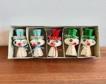 1960s Honeycomb Snowman Christmas Tissue Paper Ornaments -Made in Japan