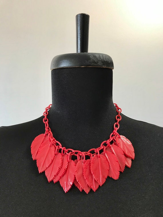 1930s/40s Red Celluloid Leaf / Leaves Dangle Neckl