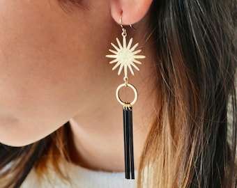 Brass Sun and Circle Gold Long Drop Earrings
