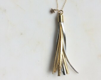 Gold and Silver Leather Tassel Necklace