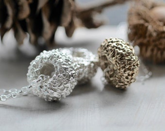 Casted Acorn Doughnut Hat Sterling Silver, Bronze Necklace - Acorn Cap Autumn Natural History Jewellery