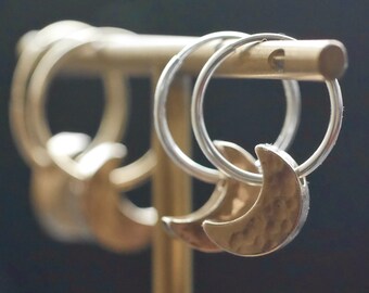 Hammered Brass Crescent Moon Charm Sterling Silver Gold Filled Hoop Earrings
