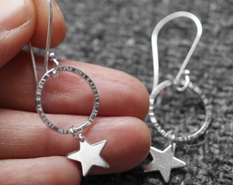 Sterling Silver Hammered Texture Circle and Star Drop Earrings