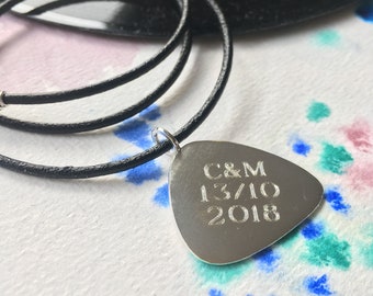 Personalized Guitar Pick Necklace: Sterling Silver or Bronze, Leather Cord