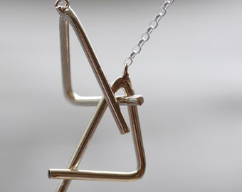 Bronze Wire Puzzle Necklace: Triangle Geometric Pendant, Sterling Silver Chain
