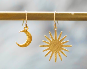 Gold Sun and Moon Celestial Drop Earrings - Holding the tension of the opposites - Jungian Psychology Earrings