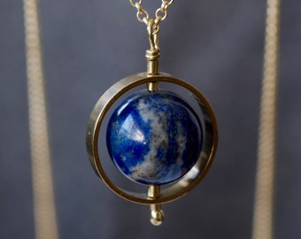 Lapis Lazuli and Brass Save The Planet Fidget Pendant Necklace