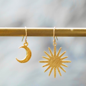 Gold Sun and Moon Celestial Drop Earrings - Holding the tension of the opposites - Jungian Psychology Earrings
