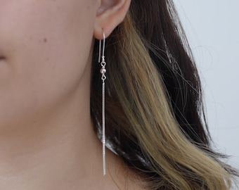 Sterling Silver Box Chain Long Drop Minimalist Earrings